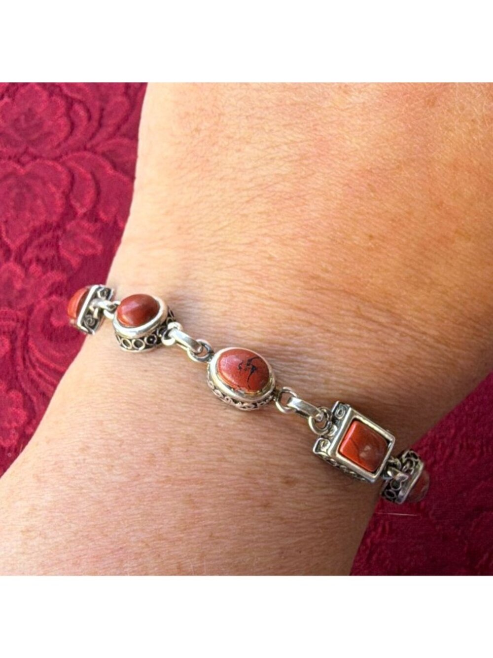 Vintage DBJ Sterling Silver 925 Red Jasper Bezel Cabochon Bracelet Geometric